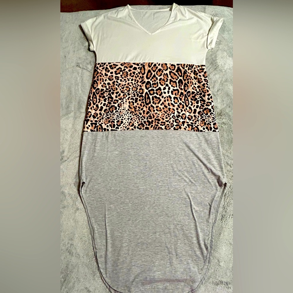 Adorable Maxi Dress, cream, leopard print and grey, Size Large